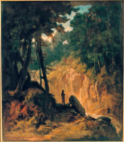 Bewaldete Landschaft mit Wasserfall, am Ufer mit Kapuzinermönch von Carl Spitzweg