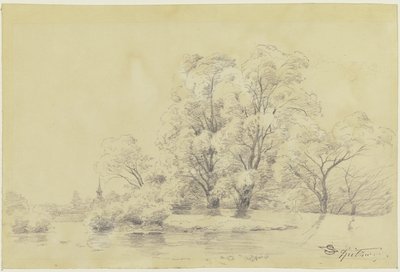 Landschaft mit Bäumen am Wasser, in der Ferne der Turm einer Dorfkirche von Carl Spitzweg