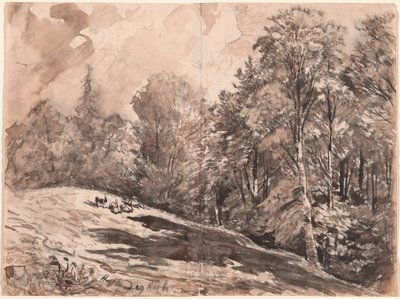 Eine Wiese mit einem Hirten und Ziegen am Waldrand von Carl Wagner