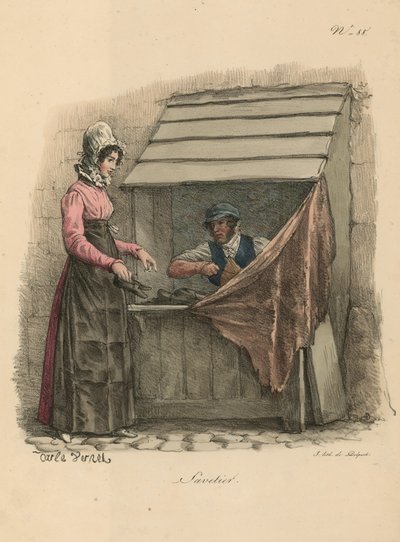 Schuster hinter einem Stand sitzend von Carle Vernet