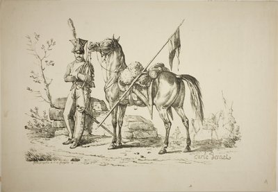 Lanzenträger zu Fuß neben seinem Pferd von Carle Vernet