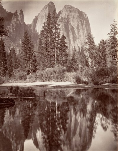 Spiegelansicht der Cathedral Rocks, Yosemite, ca. 1872, gedruckt ca. 1876 von Carleton E. Watkins.