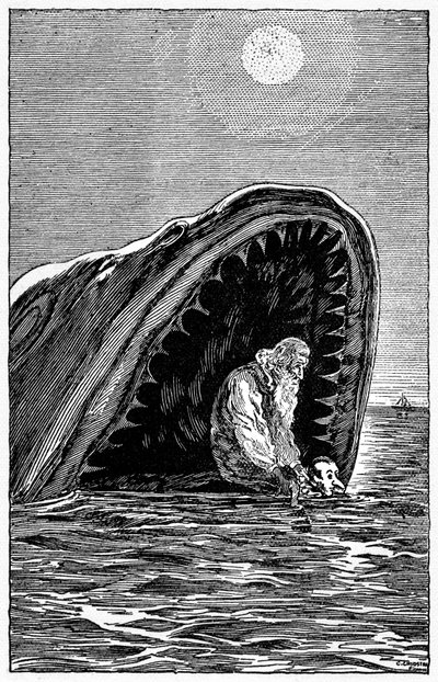 Illustration von Pinocchio von Carlo Chiostri (1863-1939), einer der ersten italienischen Illustratoren von Collodis Werk. Die Holzpuppe und sein Vater Gepetto entkommen schwimmend aus dem Maul des riesigen Hais, der sie verschluckt hat von Carlo Chiostri