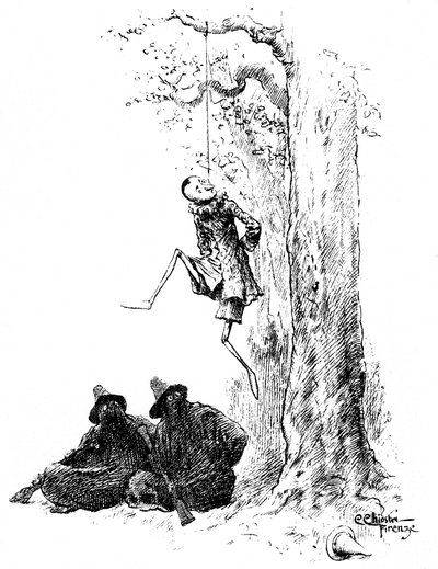 Pinocchio von Carlo Chiostri (1863-1939), einer der ersten italienischen Illustratoren von Collodis Werk. Die Holzpuppe wird von zwei Banditen (der Katze und dem getarnten Fuchs) an einem Baum aufgehängt von Carlo Chiostri
