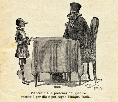Pinocchio vor dem Richter. Illustration von Carlo Chiostri für den Roman "Die Abenteuer des Pinocchio" von Carlo Collodi von Carlo Chiostri