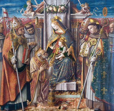 Thronende Maria mit dem Kind, die Schlüsselübergabe an den Apostel Petrus und mit den Heiligen Johannes Capistranus, Emidius, Franziskus, Ludwig von Toulouse, dem seligen Giacomo della Marca und einem Bischof von Carlo Crivelli