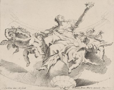 Macht, dargestellt durch eine Frau, die auf Wolken sitzt und eine Krone hält, umgeben von Putti von Carlo Innocenzo Carloni