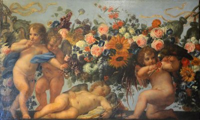 Amour und Blumengirlande mit Papagei von Carlo Maratta