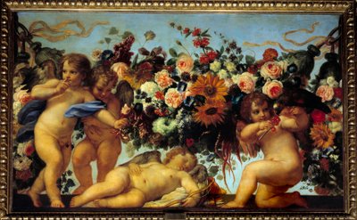 Liebe und Blumengirlanden. Ein Engel gibt einem Vogel Beeren, während ein anderer das Zeichen gibt, still zu sein, um einen dritten schlafenden Engel nicht zu wecken von Carlo Maratta or Maratti