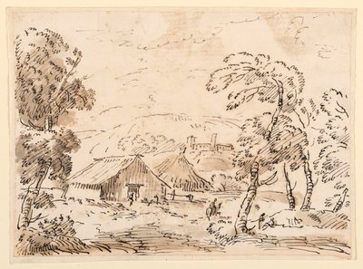 Zeichnung, Eine Bauernwohnung und ein Schloss in gebirgiger Landschaft, 1762–1786 von Carlo Marchionni