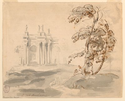 Zeichnung, Baum in Landschaft mit Gebäude, 1756–78 von Carlo Marchionni