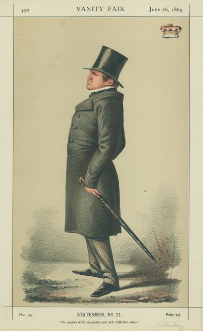 Lord Stanley, Er spricht mit einer Partei und handelt mit der anderen, 26. Juni 1869, Vanity Fair Karikatur von Carlo Pellegrini