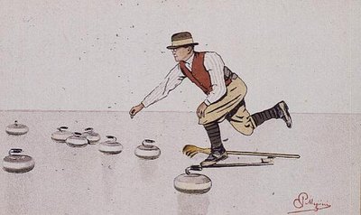 Mann wirft einen Stein in einem Curling-Spiel von Carlo Pellegrini