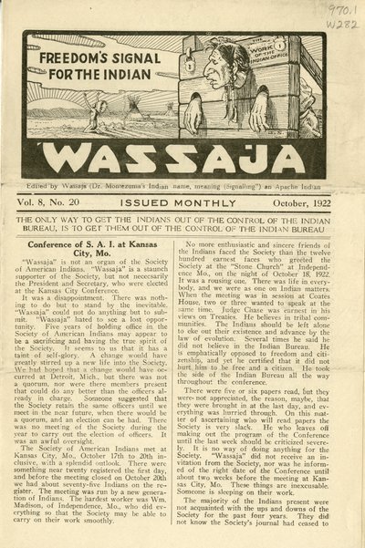 Ausgabe von Wassaja, Vol. 8, Nr. 20, Oktober 1922 von Carlos Montezuma