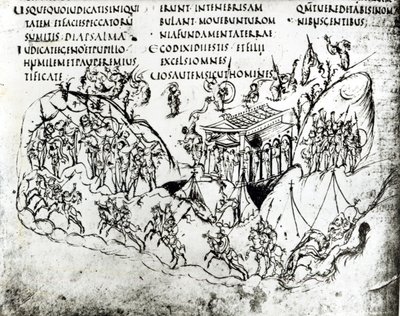 Verschiedene Szenen, die einen Psalm illustrieren, aus dem Utrechter Psalter von Carolingian School