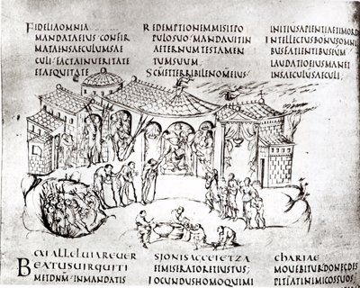 Verschiedene Szenen, die einen Psalm illustrieren, aus dem Utrechter Psalter, Kopie des Originals aus Reims, jetzt in der Universitätsbibliothek Utrecht von Carolingian School