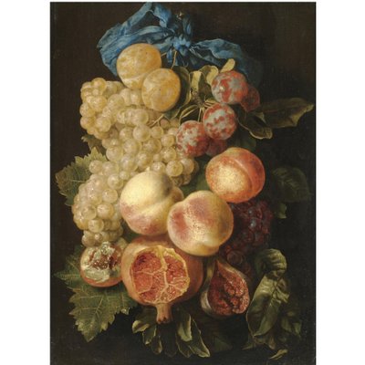 Stillleben mit Pflaumen, Trauben, Pfirsichen und einem Granatapfel mit blauer Schleife von Carstian Luyckx