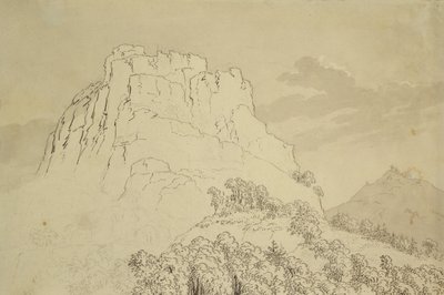 Felsiger Hügel mit bewaldetem Hügel im Vordergrund von Caspar David Friedrich