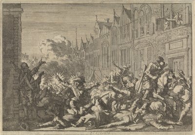Angers besetzt von Anhängern Mazarins, die in einen Hinterhalt von zehn Kanonen des Gouverneurs De Rohan geraten, 1652 von Caspar Luyken
