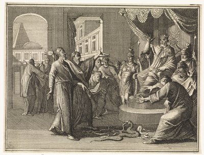 Der in eine Schlange verwandelte Stab von Moses verschlingt den der ägyptischen Zauberer von Caspar Luyken