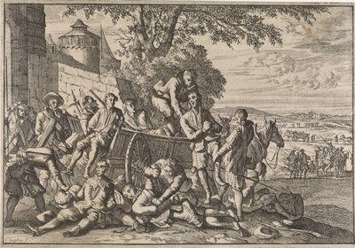 Spanische Soldaten werden auf Karren geladen und weggeführt, 1641 von Caspar Luyken