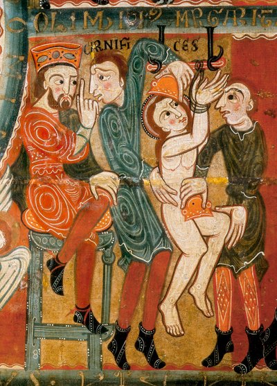 Das Martyrium der heiligen Margareta, die Heilige wird gefoltert und dann enthauptet, Detail von Catalan School