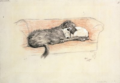 Versöhnung; Wolfshund und Bullterrier schlafen auf einem Sofa von Cecil Charles Windsor Aldin