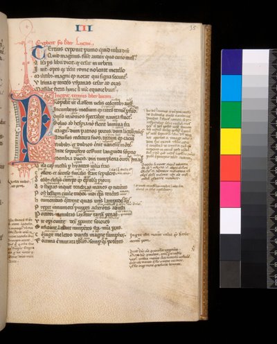 Ms 325. Lucan, Bellum Civile und andere Werke, f.35r. Geteiltes Initial [P] in Rot und Blau mit kontrastierender Federverzierung, ca. 1353 (Pergament) von Central Italian School