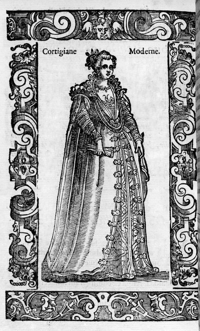 Renaissance: eine römische Kurtisane im 16. Jahrhundert. Gravur aus „Moderne und antike Kostüme“ von Cesare Vecellio von Cesare (attr. to) Vecellio