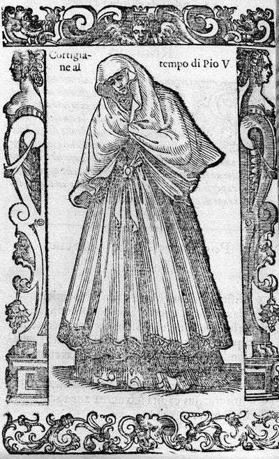 Renaissance: eine Kurtisane zur Zeit von Papst Pius V. (1566-1572). Gravur aus „Modern und Ancient Costumes“ von Cesare Vecellio von Cesare (attr. to) Vecellio