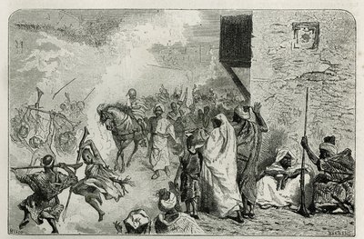 Ein Junge trägt triumphierend bei der Rückkehr der Beschneidungszeremonie, inmitten der Menge, die in die Luft schießt, während er schreit und sich wieder freut, Gravur von C. Biseo zur Illustration der Geschichte Le Maroc von Edmondo de Amicis von Cesare Biseo