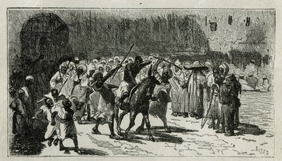 Die Bestrafung eines Diebes, er steigt auf ein Maultier, er erhält Schläge unter dem Gejohle der Menge, Gravur von C. Biseo, zur Illustration der Geschichte „Le Maroc“ von Edmondo de Amicis, 1875, veröffentlicht in „Le tour du monde“, unter der Leitung von von Cesare Biseo