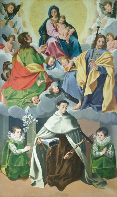 Jungfrau mit Kind und St. Jakobus, Johannes der Ältere, Alberto degli Abati und zwei Kinder des Hauses Panici, ca. 1595-1598 von Cesare & Conti Vincenzo Conti