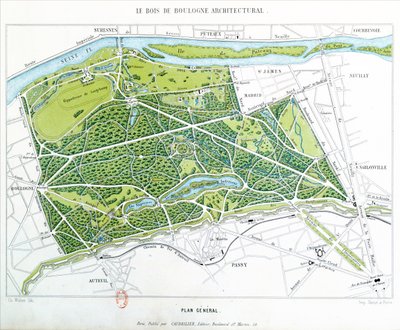 Plan des Bois de Boulogne in Paris, veröffentlicht von Caudrilier, 1860 von Ch. Walter