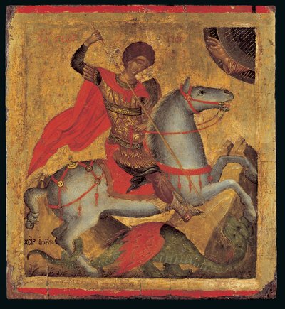 Ikone des heiligen Georg zu Pferd, der den Drachen tötet von Chanter Angelos Akotandos