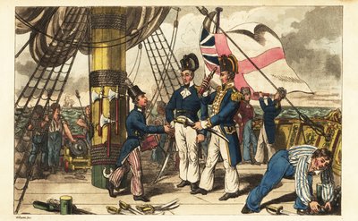 Kapitän Spring macht Midshipman Newcome zu seinem Adjutanten und übergibt ihm sein Schwert auf dem Achterdeck der HMS Victory von Charles (c.1797 1850) (after) Williams