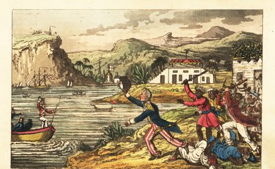 Englischer Marineoffizier flieht vor einem wütenden Plantagenbesitzer und versklavten Männern mit Knüppeln in Jamaika von Charles (c.1797 1850) (after) Williams