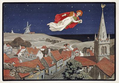 Peter und Wendy fliegen aus Peter Pan von J. M. Barrie, veröffentlicht 1904 von Charles A. Buchel