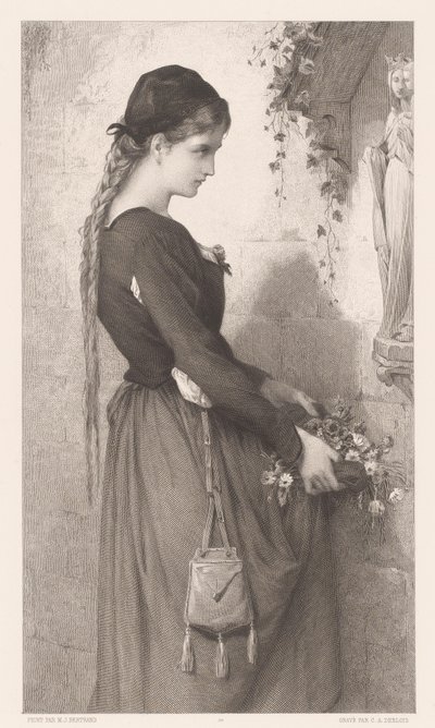 Junge Frau bringt Blumen zu einer Nische mit Marienbild von Charles Alphonse Deblois