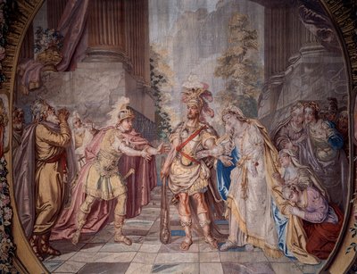 Szenografie: „Alceste“ Darstellung von Szene 4 des Aktes V der Oper von Philippe Quinault, vertont von Jean Baptiste Lully. Detail eines Wandteppichs von Charles Antoine Coypel, 1764 hergestellt in Mi von Charles Antoine (after) Coypel