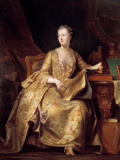 Porträt von Jeanne Antoinette Poisson, Madame de Pompadour (bekannt als Marquise von Pompadour) (1722-1764), die ein Musikstück hält von Charles Auguste Steuben