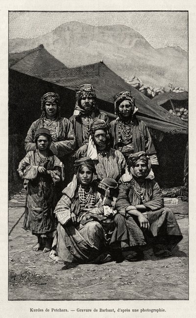 Kurden von Petchara (Türkei). Gravur von Barbant zur Illustration der Geschichte „Durch russisches Armenien, Karabagh, Tal des Araxes, Ararat-Massiv“ von Madame B. Chantre, in Le tour du Monde 1892, herausgegeben von Edouard Charton (1807-1891), Hachette,  von Charles Barbant