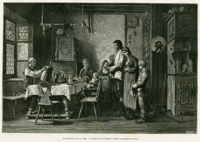 Das Benedizit. Barbant-Gravur nach einem Gemälde von Brion zur Illustration der Geschichte „Durch Elsass und Lothringen“ von Charles Grad, deutscher Abgeordneter, 1884, in Le Tour du monde 1886, herausgegeben von Edouard Charton (1807-1890), Hachette, Pari von Charles Barbant