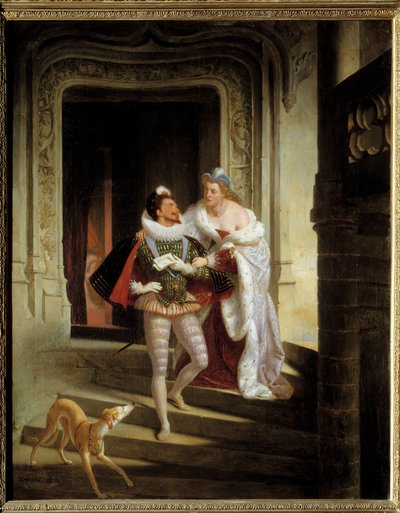 Die Marquise von Noirmoutiers, Charlotte de Beaune Semblancay, versucht Heinrich I. von Lothringen, Herzog von Guise, davon abzuhalten, zur Versammlung der Generalstände von Blois zu gehen, vor seiner Ermordung 1588 im Schloss von Blois von Charles Barthelemy Durupt