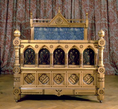 Gotisches Revival-Einlegebett mit gepolstertem Kopfteil, hergestellt von Marsh & Jones, ca. 1866 (Holz) von Charles Bevan