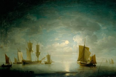 Eine englische Fregatte und Küstenfahrzeug bei Mondlicht von Charles Brooking