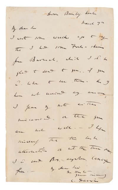 Eigenhändiger Brief, signiert von Charles Darwin