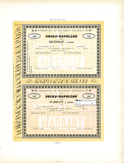 Lagerscheine für Docks-Napoléon mit ornamentalen Rahmendekorationen von Charles Derriey
