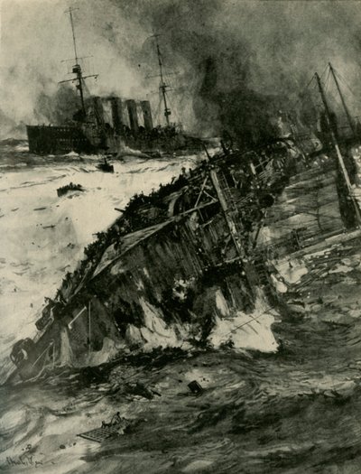 Das Sinken der HMS Aboukir, Erster Weltkrieg, 22. September 1914, um 1920 von Charles Dixon