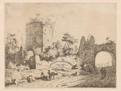 Landschaft mit Ruine eines Turms und eines Tores. Drucke mit Ruinen in Landschaften von Charles Echard (attributed to)